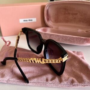 Miu Miu Black Sunglasses with Gold Chain Detail